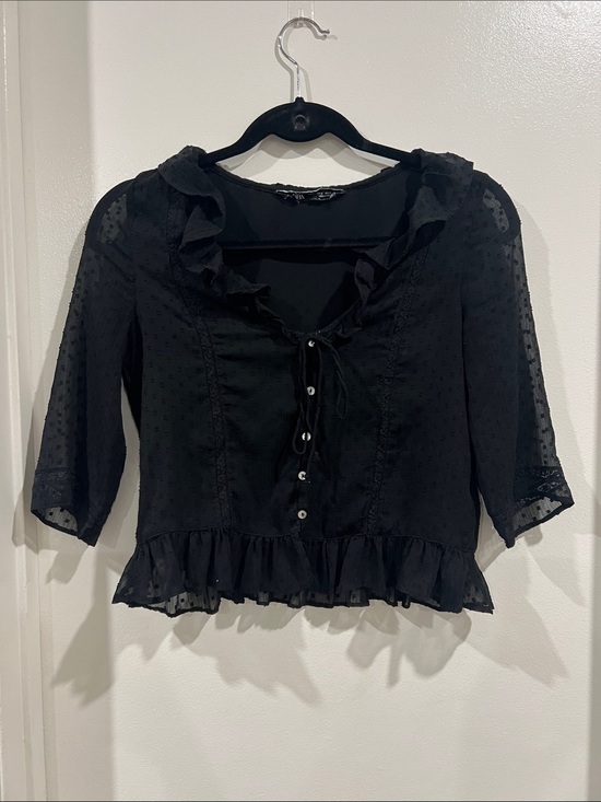 Zara Tops - Zara Black Sheer Dot Ruffle Tie-Front Cropped Blouse size small